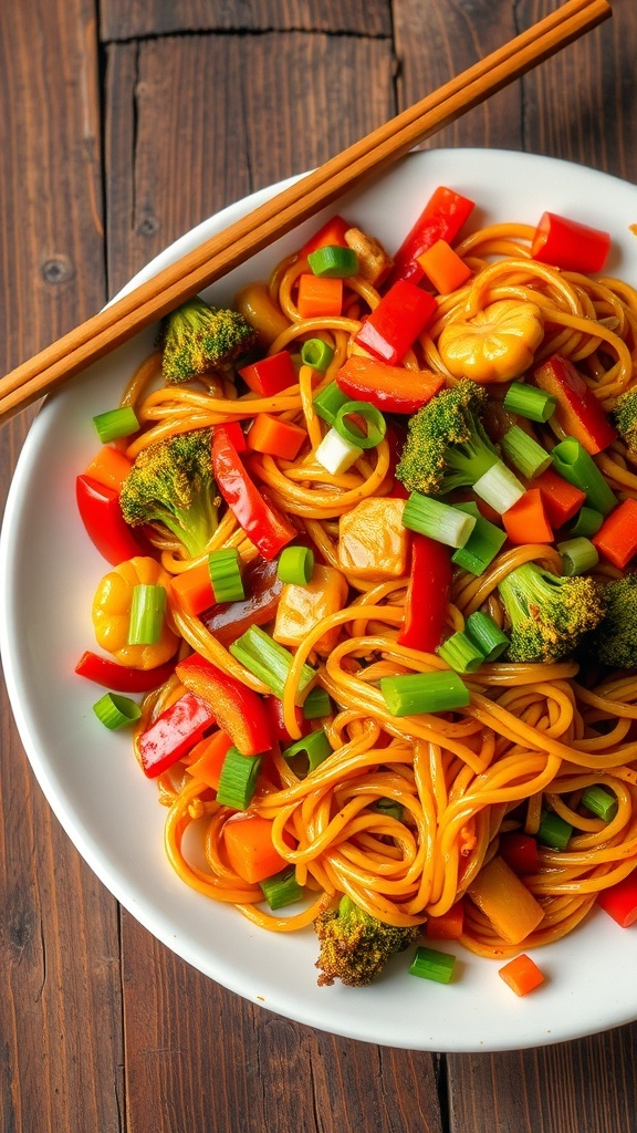 Stir-Fried Noodles with Vegetables Recipe A colorful plate of stir-fried noodles with vegetables on a wooden table, garnished with green onions.